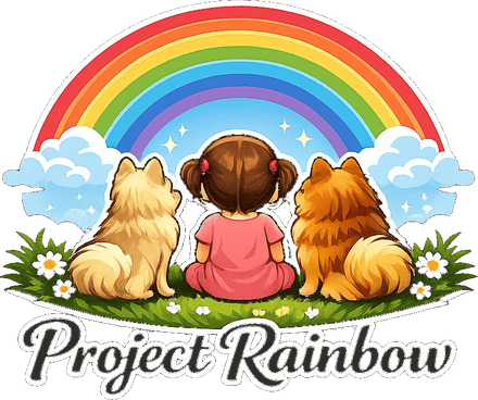 Project Rainbow ロゴ - 虹を見上げる女の子と2匹の犬